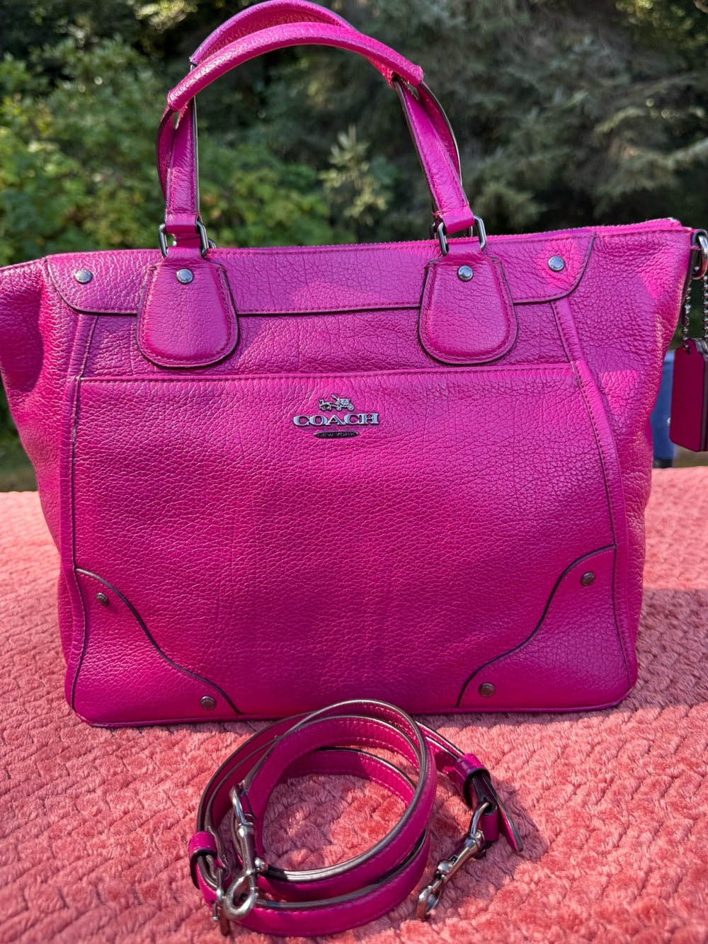 Coach F34040 cranberry Mickie satchel pebbled leather purse w/strap & dust bag